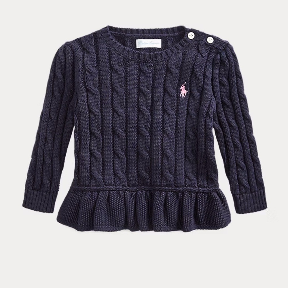 Ralph Lauren Baby Girl Cable-Knit Peplum Sweater & Bloomer Set w Pink Pony 12 Mo